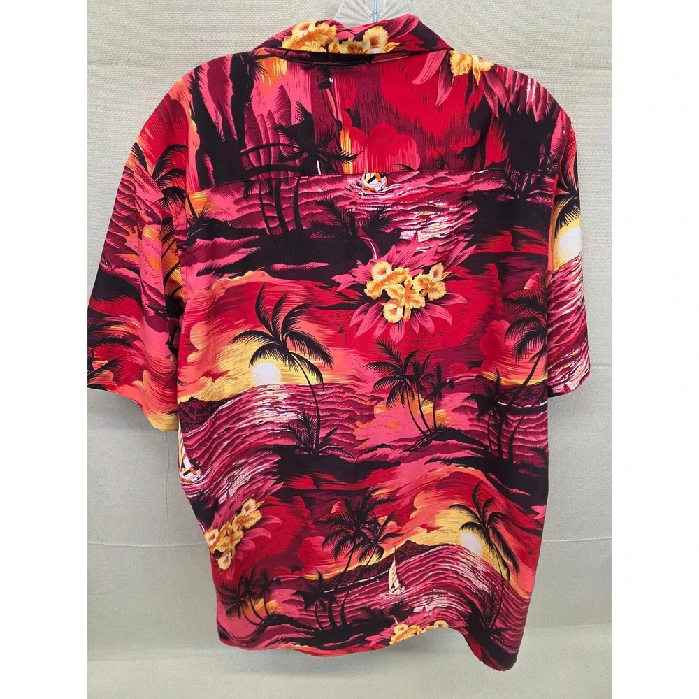 Tropical Sunset Palm Tree‎ Hibiscus Button Down Shirt Red Mens Large Tall L-T